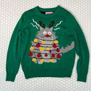 Tipsy elves cat with lights Christmas sweater